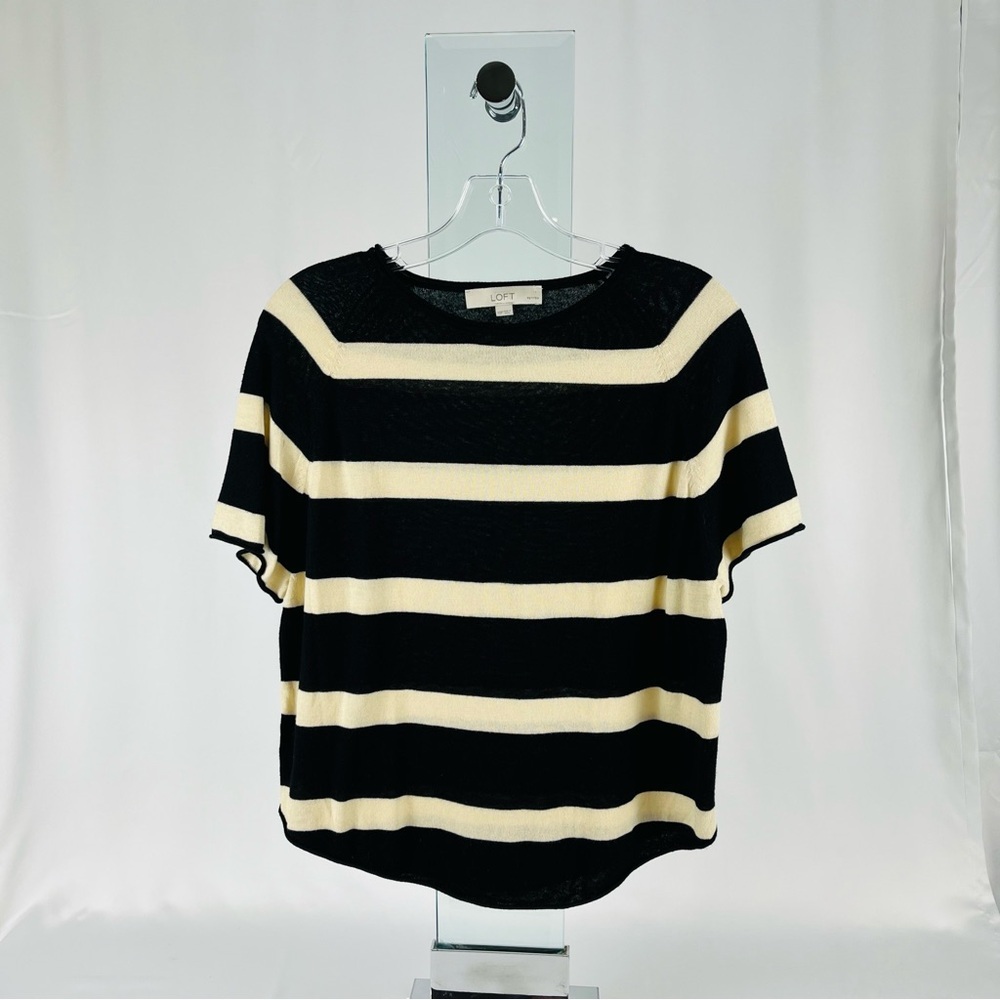 Ann Taylor LOFT Striped Short Sleeve Lightweight Sweater Black Ecru LooseFit XSP